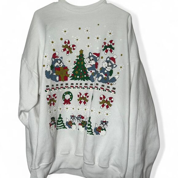 White vintage 90s 1990s Christmas cat kitten crewneck sweatshirt 2XL - Picture 6 of 6